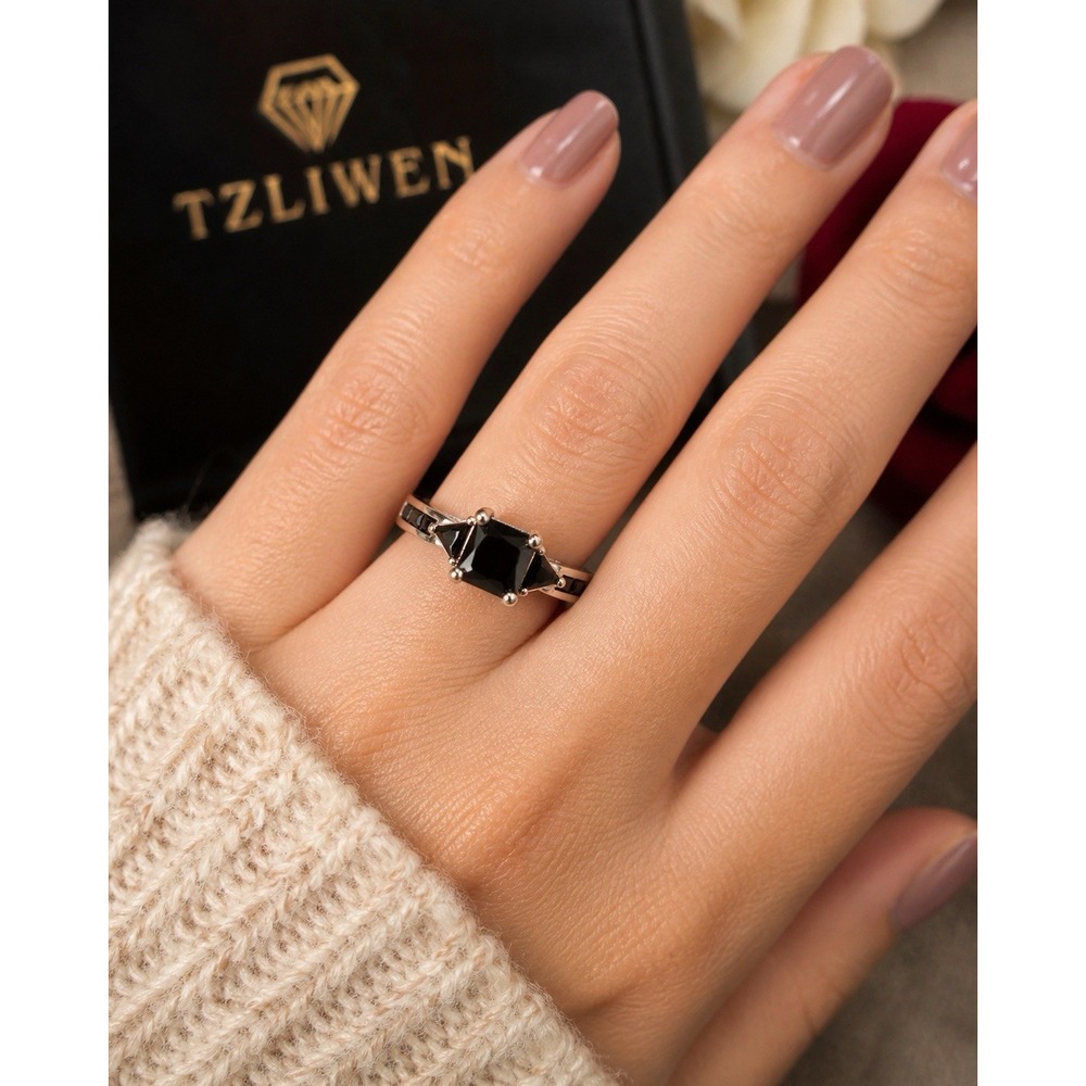 Tzliwen Black Onyx Princess Cut Ring Sz 6.5 Silver Tone Split Shank New W Box